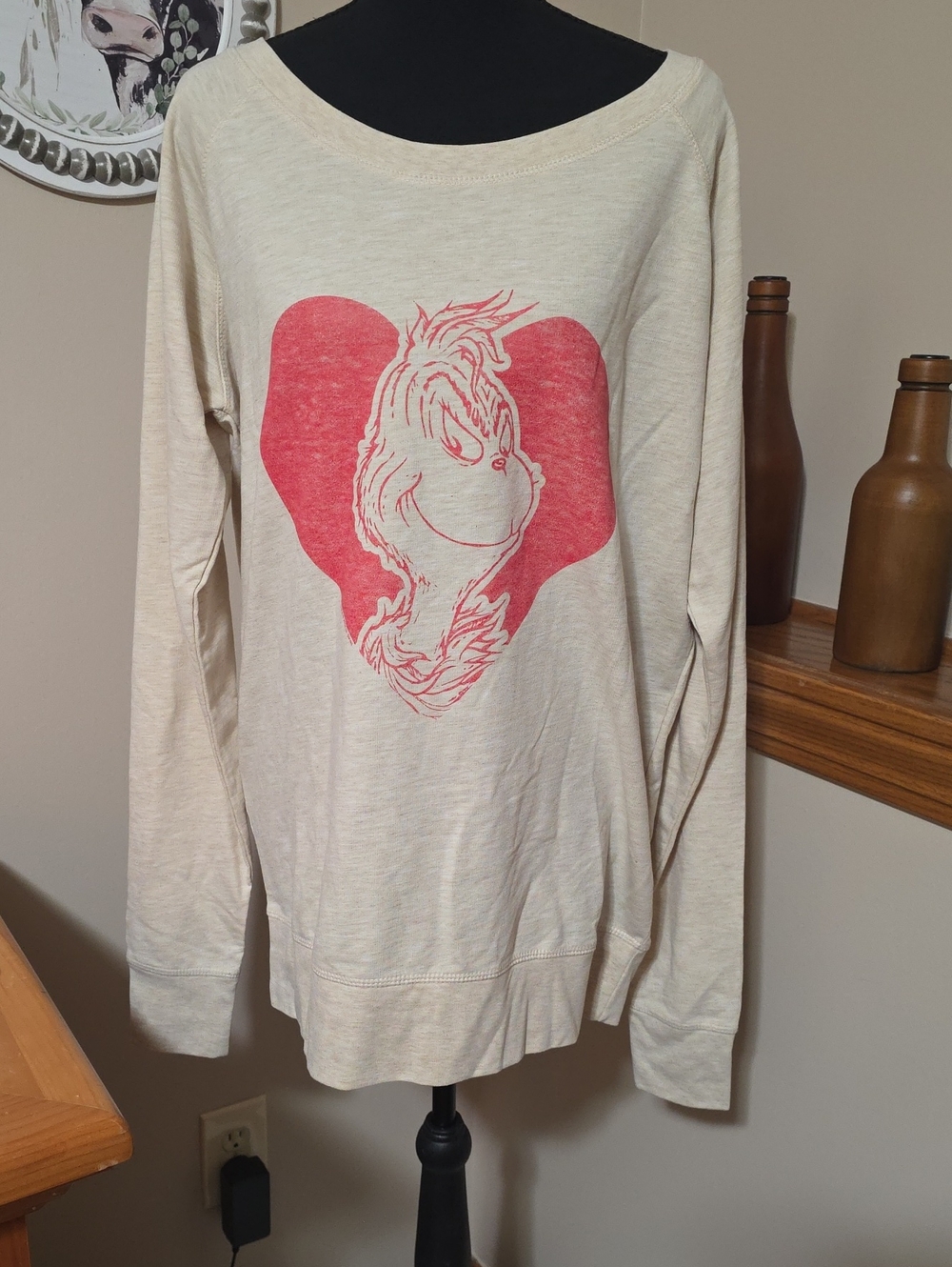 Women’s Cream Long-Sleeve Scoop Neck Top with Pink Heart Graphic